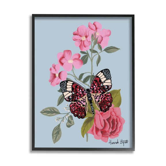 Stupell Industries Pink Floral Butterfly Animals & Insects Painting Black Framed Art Print Wall Art, 24 x 30