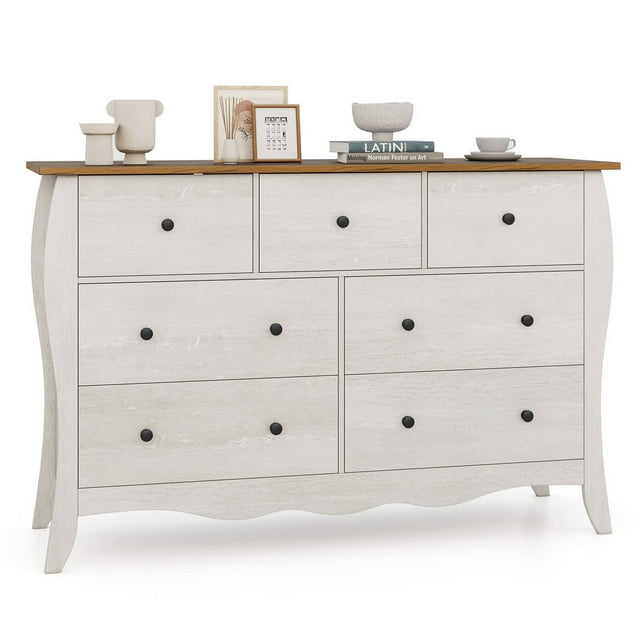 Costway 1 PCS 47" Farmhouse Chest of Drawers with 7 Folding Fabric Drawers Anti-tipping Kit Gray