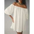 thumbnail image 4 of Komoo Women Off Shoulder Puff Sleeve Dress Solid Color Mini Dress 2024 Summer Casual Short Sundress, 4 of 8