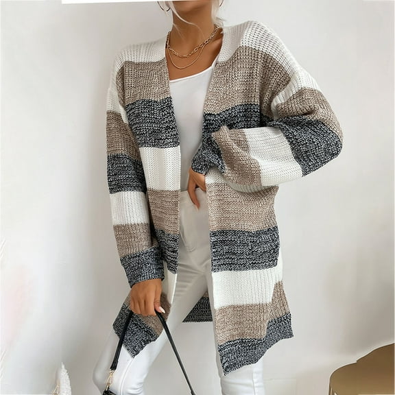 AOOCHASLIY Christmas Day Women Blouse Women's New Fashion Casual Fall/Winter Mid Length Knitted Stripe Sweater Cardigan Coat