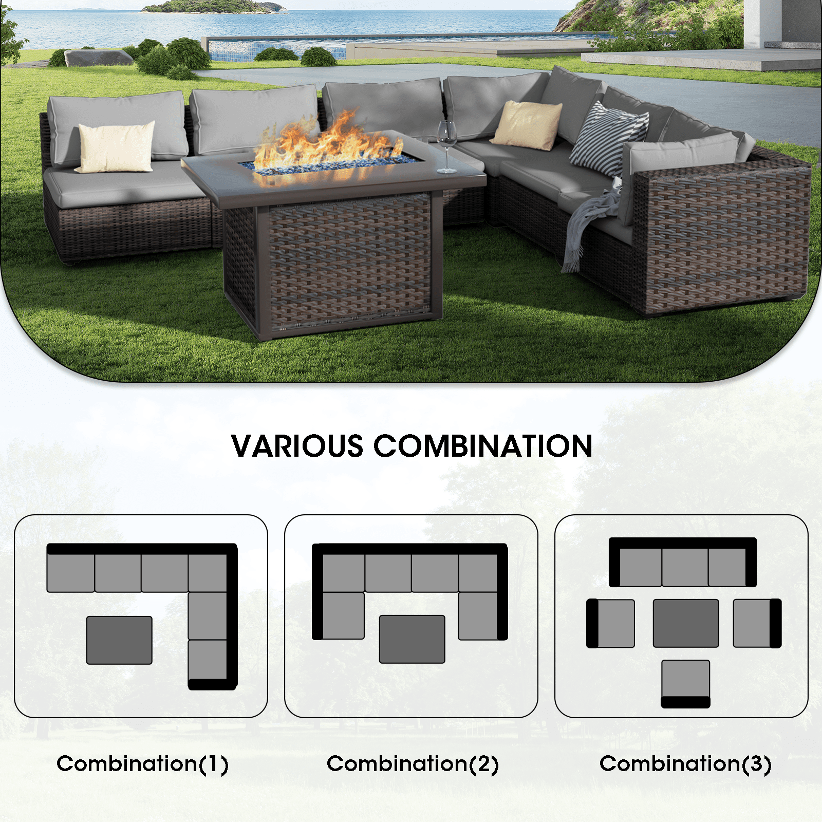 Grezone 7 Piece Patio Furniture Sets on Sale with Fire Pit Table, All Weather Outdoor Sectional PE Rattan, Patio Furniture Sets with Cushions for Garden, Lawn, Backyard,Gary