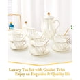 thumbnail image 6 of 22 pcs White Porcelain Tea Set for 6, Luxury British Style Tea/Coffee Cup Set with Golden Trim, Beautiful Tea Set for Women, Tea Party Set, Gift Package (With a Stand), 6 of 7