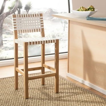 SAFAVIEH Sorrento Farmhouse Counter Stool, Natural Teak/White Leather