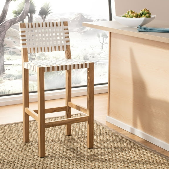 SAFAVIEH Sorrento Farmhouse Counter Stool, Natural Teak/White Leather