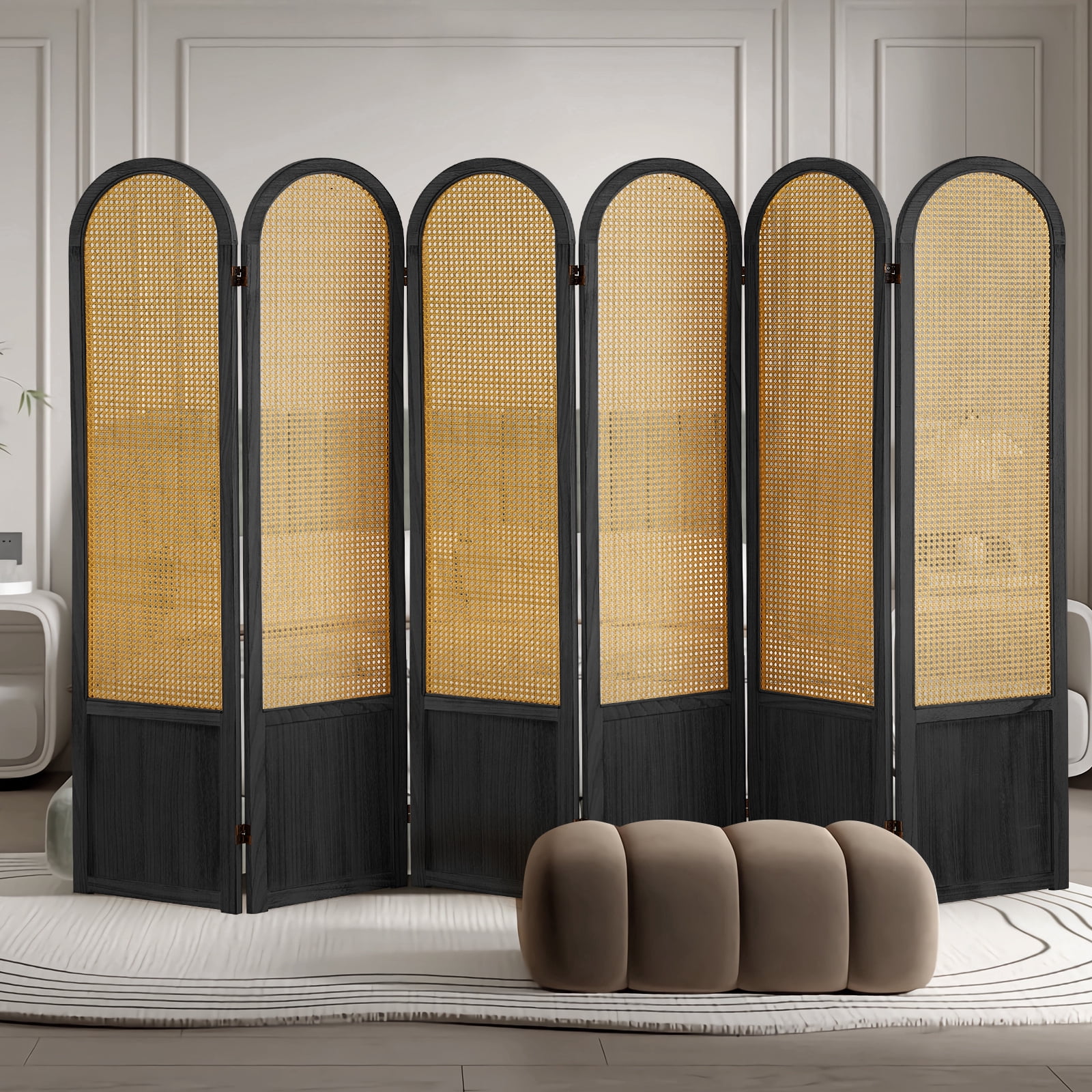 Aletheiawu 6 Panel Rattan Room Divider and Folding Privacy Screens, No Installation Required, Black