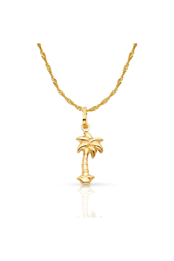 -14K Yellow Gold Palm Tree Charm Pendant with 0.9mm Singapore Chain Necklace - 22"