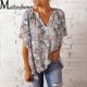thumbnail image 2 of Camiseta plisada con estampado de flores para mujer, Jersey elegante con cuello en V, Tops de manga acampanada, camisetas holgadas informales cómodas para mujer 2023 qym unisex, 2 of 2
