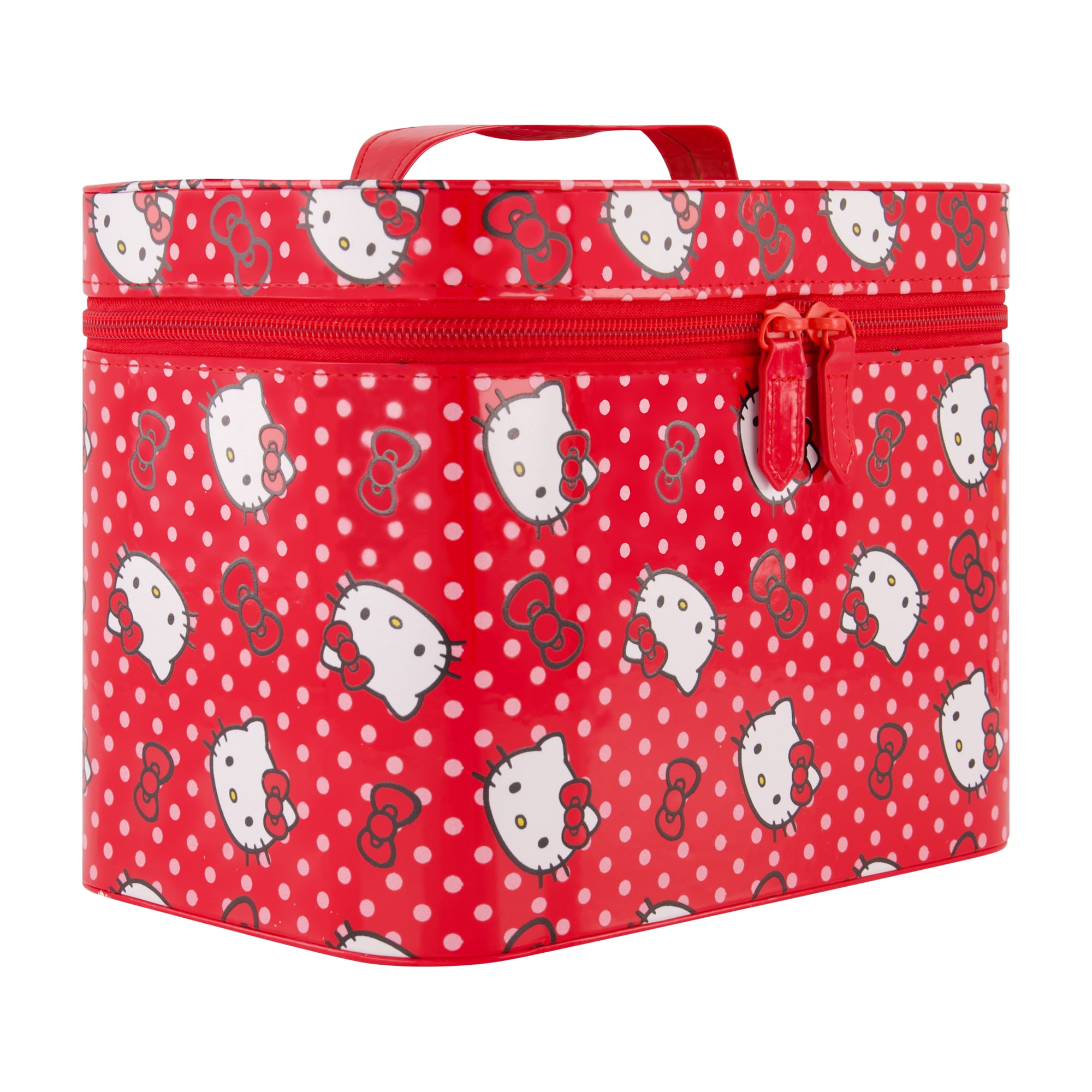 Hello Kitty Large Cosmetic Travel Case Organizer, Portable Makeup Box with Mirror and Dual Zipper, Red