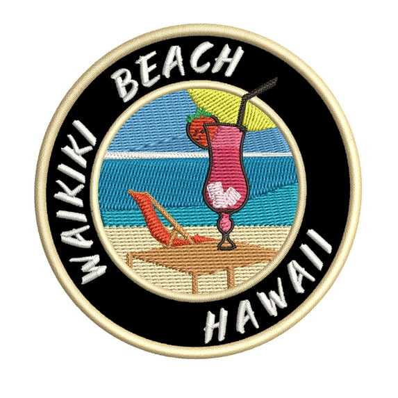 Happy Hour! At Waikiki Beach, Hawaii USA 3.5 Inch Iron Or Sew On Embroidered Fabric Badge Patch Ocean Beach, Salt Life Iconic Series