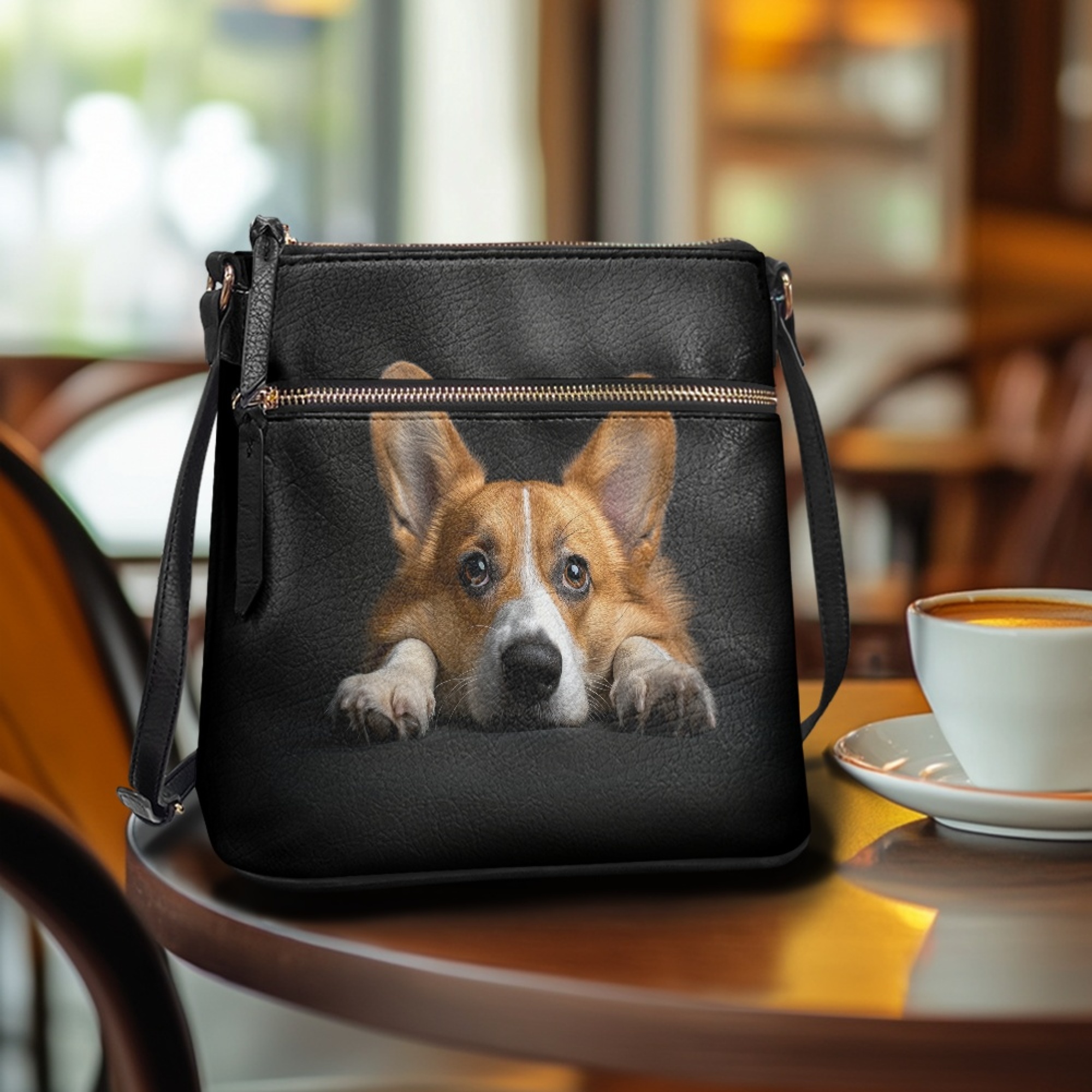 Kuiaobaty Corgi Print Leather Crossbody Bag for Women, Medium Size Trendy Messenger Handbag with Adjustable Strap, Multi Pockets Portable Satchel Purse Crossbody for Travel & Hiking