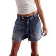 thumbnail image 3 of Women's High Waisted Denim Shorts, Baggy Distressed Hem Jean Shorts, Elastic Drawstring Waist Casual Straight Leg Shorts, Loose Fit Ripped Casual Summer Shorts Sky Blue L, 3 of 7