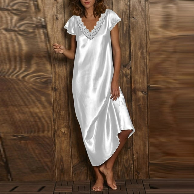 Babysbule Robes pour Femmes en Liquidation, Pyjama d'Été pour Femmes Mode Uni à Col en V en Dentelle à Manches Courtes, Robe de Nuit à Enfiler