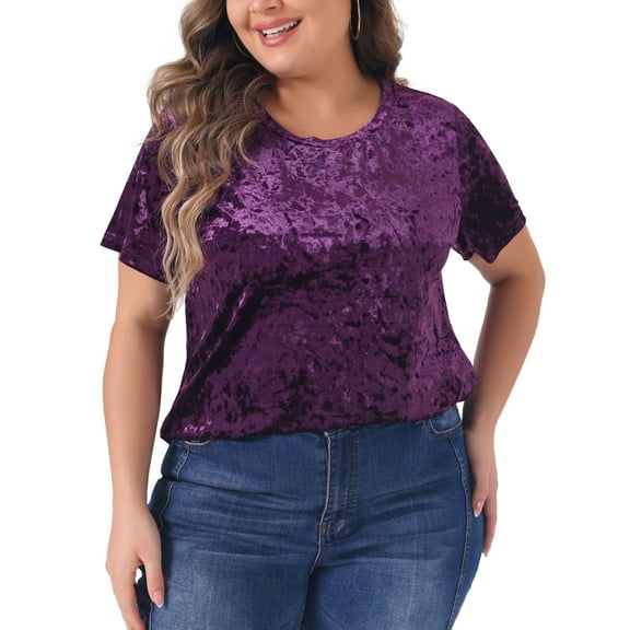 Agnes Orinda Women's Plus Size St. Patrick's Day Tops Crew Neck Short Sleeve Tee Tops Velvet T-Shirt 1X Purple