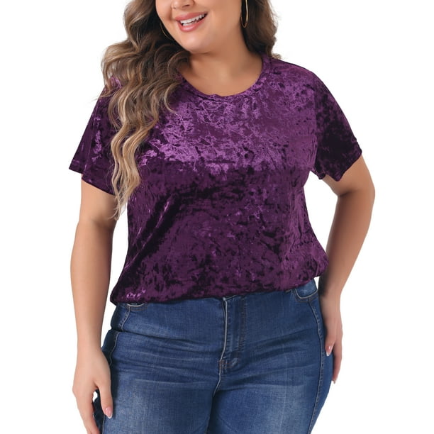Camisetas de mujer de tallas grandes Agnes Orinda, camiseta de cuello redondo de manga corta, camiseta de terciopelo 2X morada