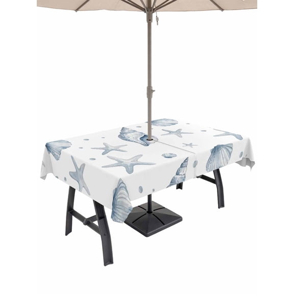 Outdoor Tablecloth with Umbrella Hole, Summer Nautical Waterproof Outdoor Table Cover, Ocean Seashells Starfish Starfish Simple Gray Patio Tablecloths for Party Picnic Camping, Rectangle 60"x102"