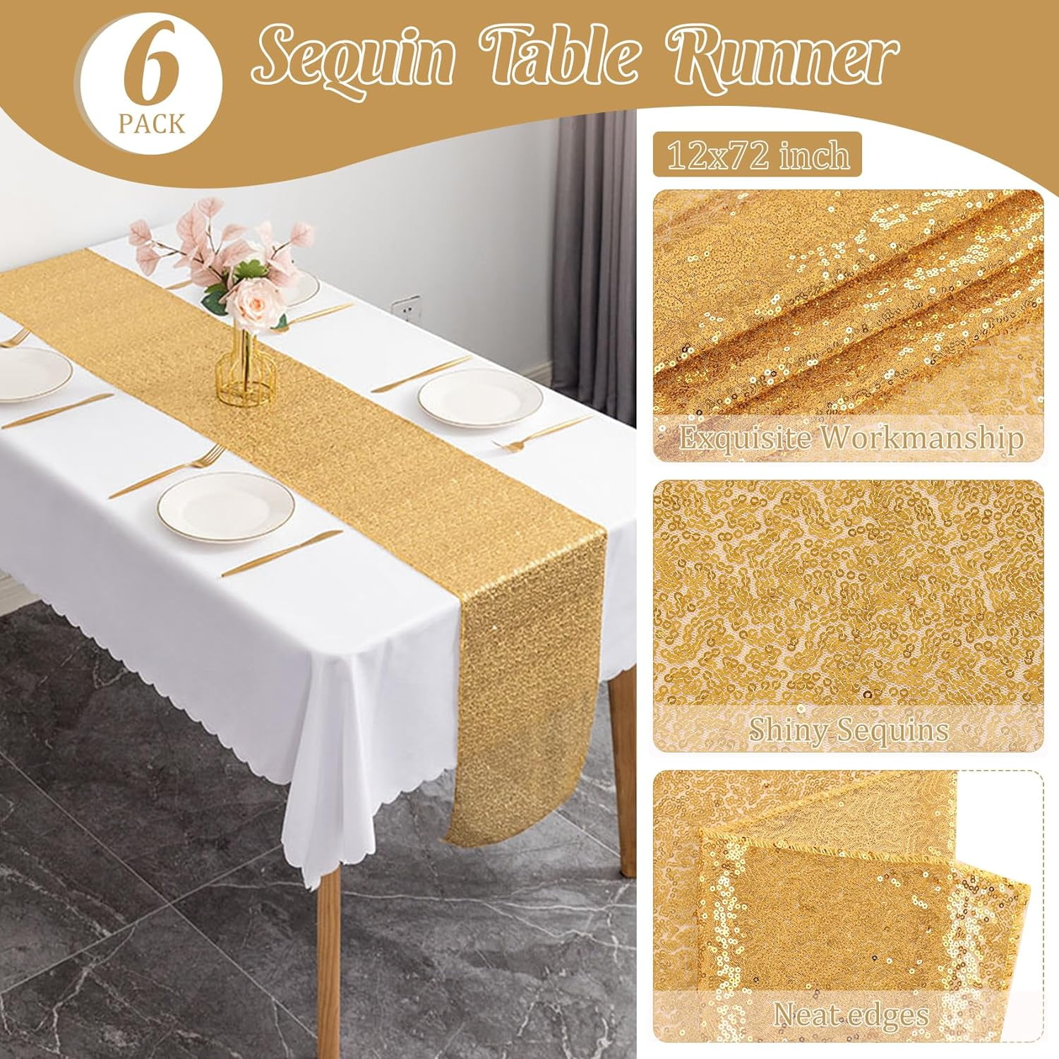 6 Pack Champagne Gold Sequin Table Runners 12" x 72" Sparkle Sequin Table Cloths for Wedding Party Banquet Bridal Shower Decorations