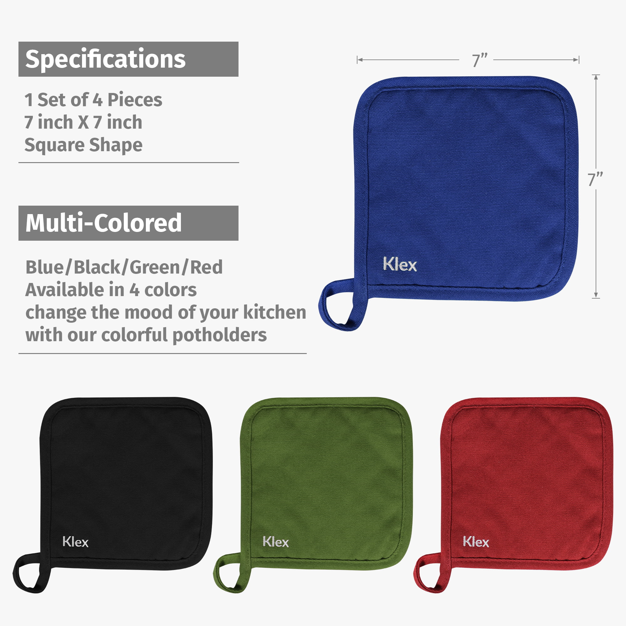 KLEX 4pcs 100% Thick Cotton Potholders for Oven Cooking and Baking, Durable  330GSM Hot Pads, Up to 482°F Degrees Heat Resistance Pot Holder