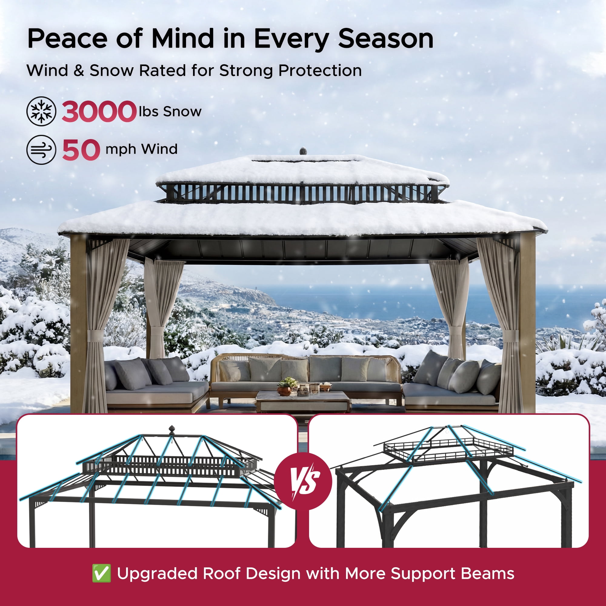SUNJOY Kingston 16x12 Gazebo, Steel & PC Roof Hardtop Gazebo with Curtain and Netting - Cedar Posts