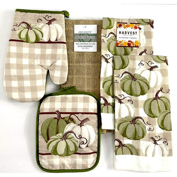 Serafina Home Farmhouse Fall Decor Kitchen Towels and Pot Holder Set: Welcome Harvest Green and White Pumpkins with Beige Check Background