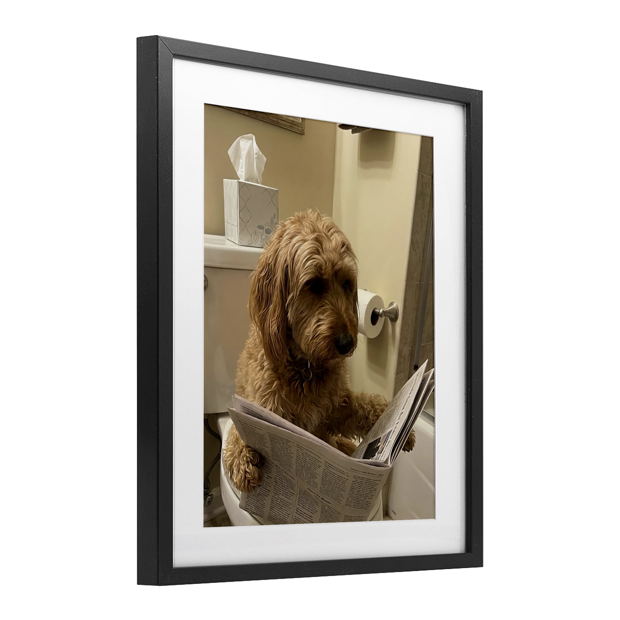 Stupell Industries Dog & Paper on Toilet Black Framed Print Under Glass, design by Abigail Walker