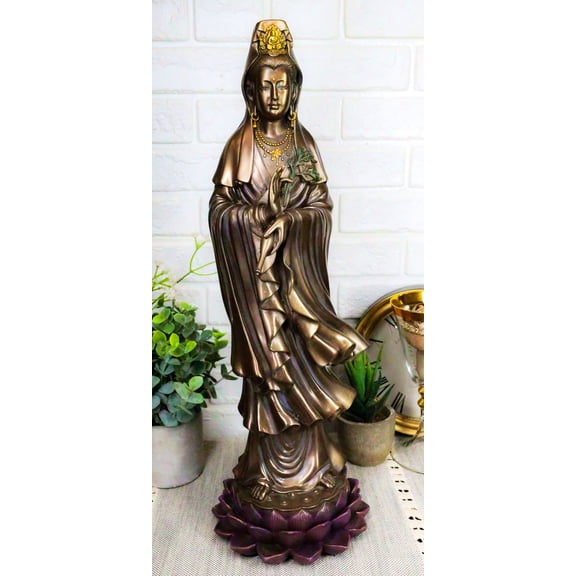 Ebros Bodhisattva Kuan Yin In Vitarka Mudra Standing On Lotus Flower Statue 16"H