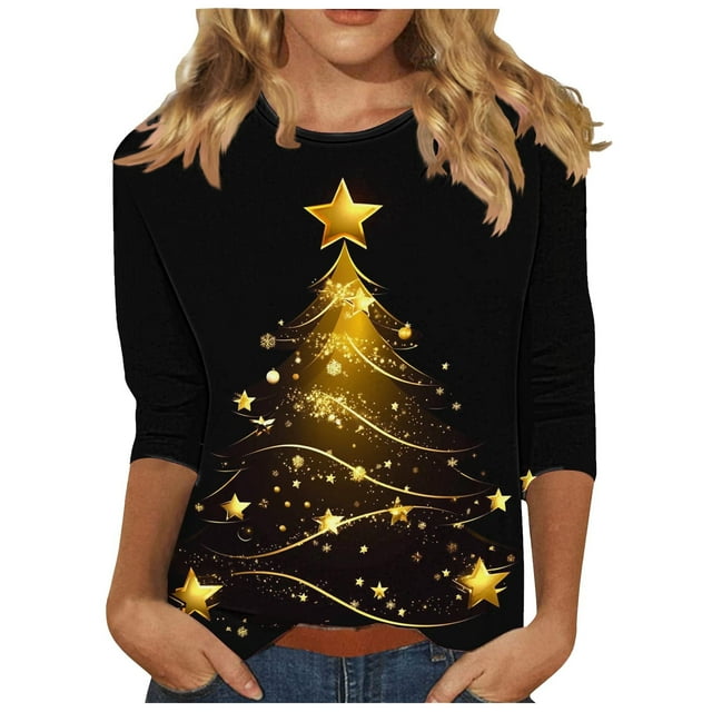 Lcziwo T Shirts for Women 3/4 Sleeve Round Neck Christmas Holiday Tops Xmas Giltter Tree Print Loose Blouses 2025 Fal Fashion Casual Tees Black,M