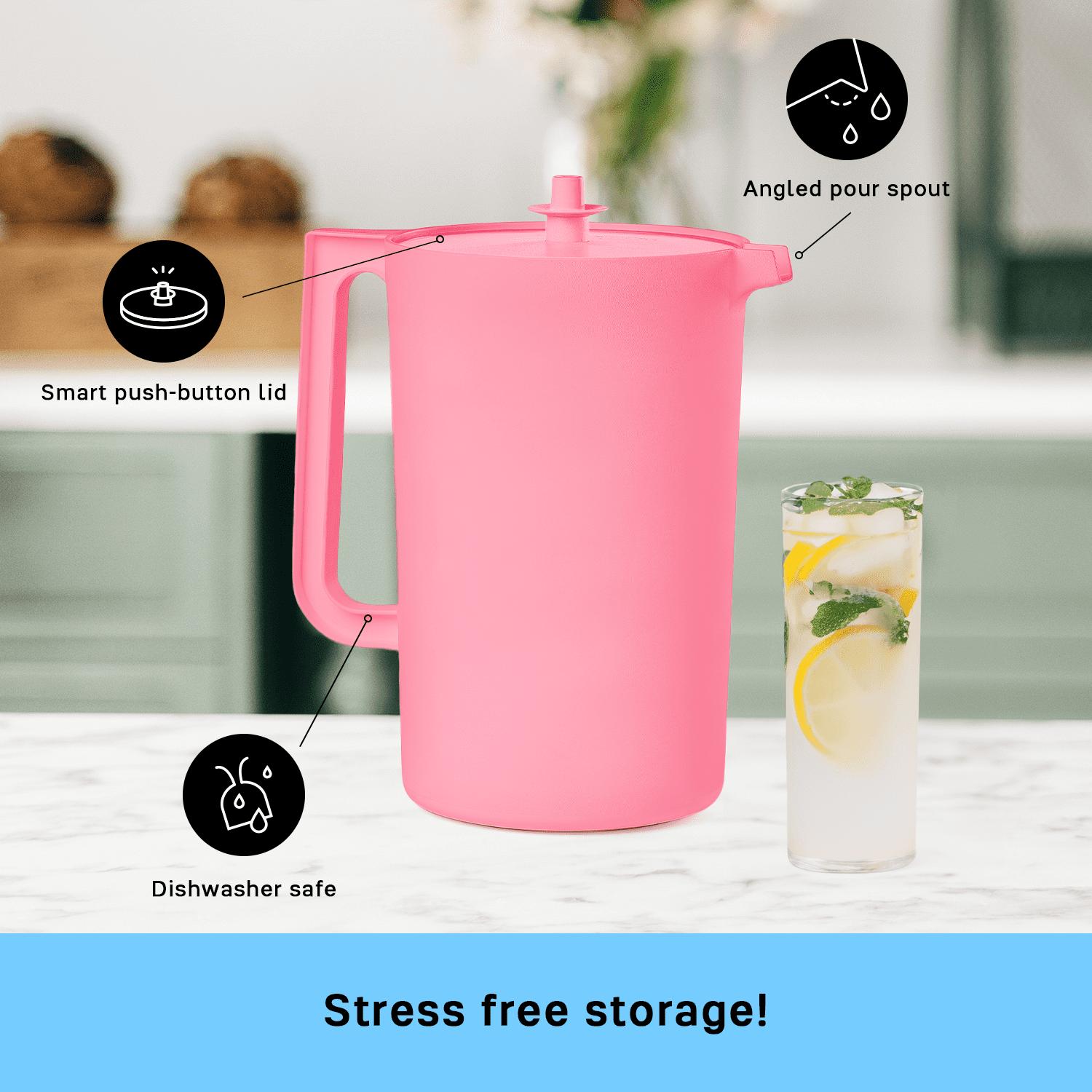 Tupperware Heritage 1 Gallon Plastic Pitcher with Lid, Pink