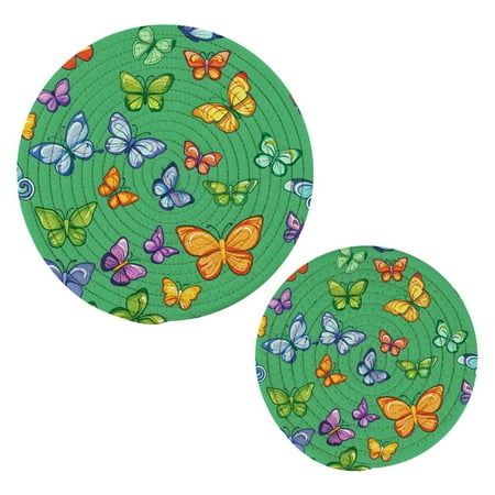 

Butterflies on Green Pot Holders Set Trivets Hot Pads Cotton Mats for Cooking