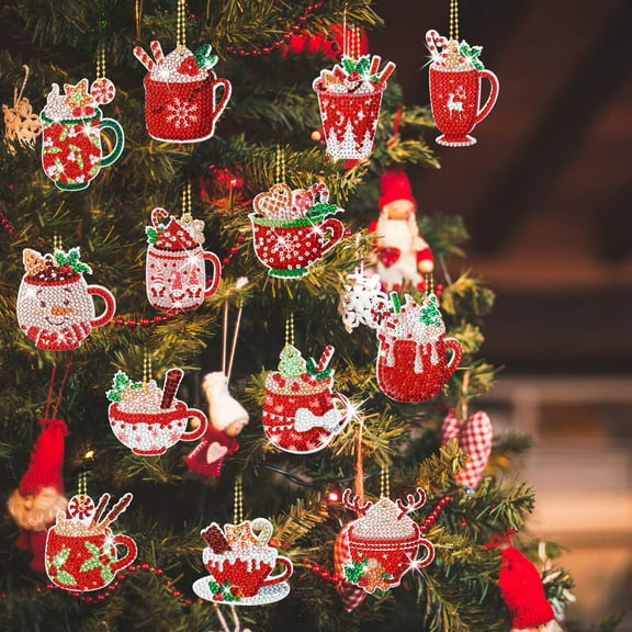 15 Pieces Christmas Diamond Painting Keychain Ornaments 5D DIY Hot Cocoa Art for Kids Crafts Family Decor (Cute)
