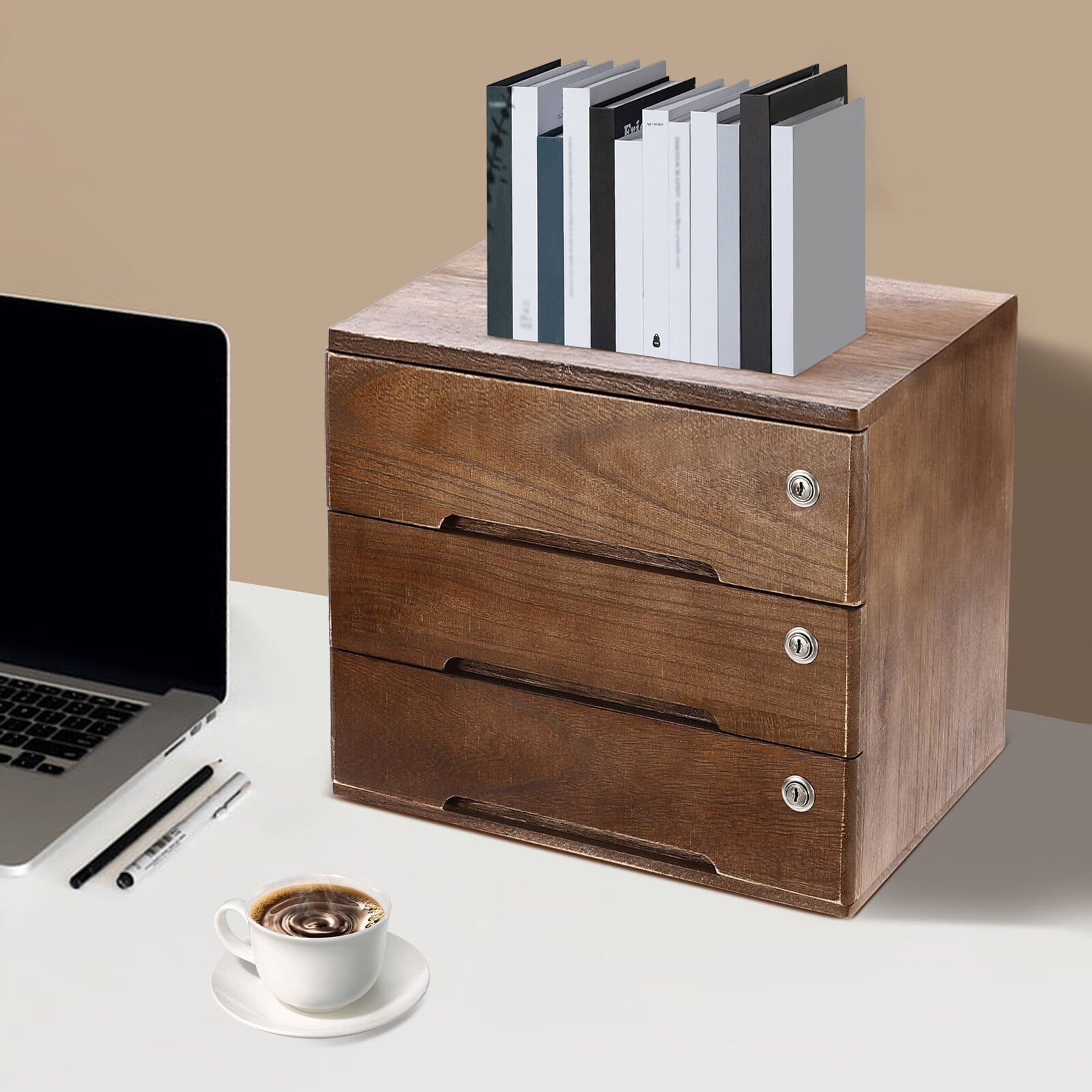 DENEST Wooden Desktop Storage Box with Lockable Drawers, 3 Tiers Office Supplies File Organizer, Flat File Cabinet Desk Storage Box for Dresser Tabletop