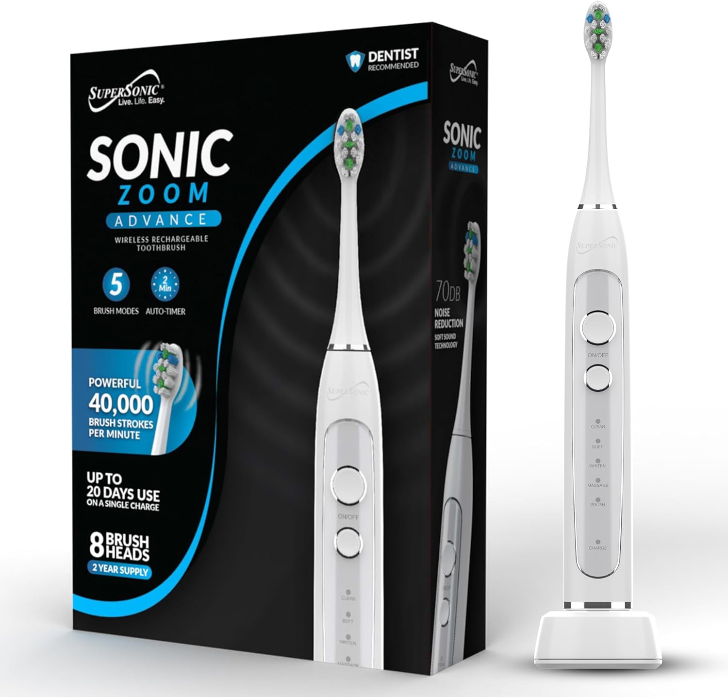 Supersonic TB-5100 Sonic Zoom Advanced Whitening Electric Toothbrush, 40,000 VPM, 5 Mode,| Wireless Charging, 8 Brush Heads,Travel Case, White