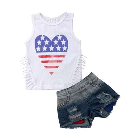 

Brilliantme Toddler Baby Boys Girls Independence Clothes Set Sleeveless Top Shirt Denim Ripped Shorts Summer Outfits Set