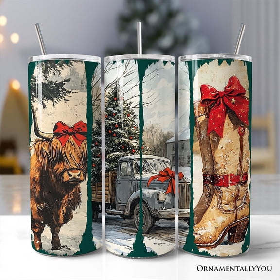 Small Town Christmas 20oz Personalized Tumbler With Lid and Stainless Steel Straw, Highland Cow Rustic Western Cowgirl Gift Cup