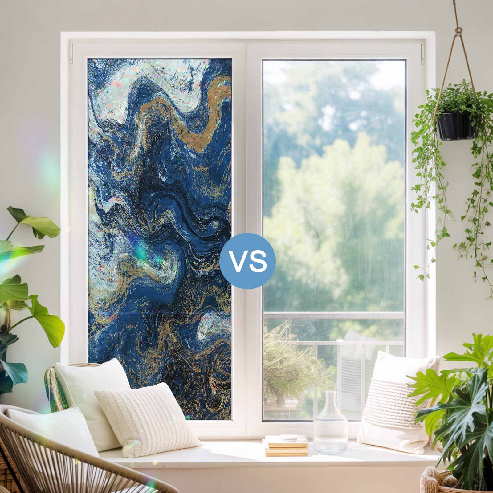 Blue Marble Window Privacy Film Stain Glass,Reusable Decorative Rainbow Window Film,Modern Minimalist Abstract Fluid Art Static Cling Sun Blocking Stickers Decals Covers 29.5" x 78.7" (2pcs)