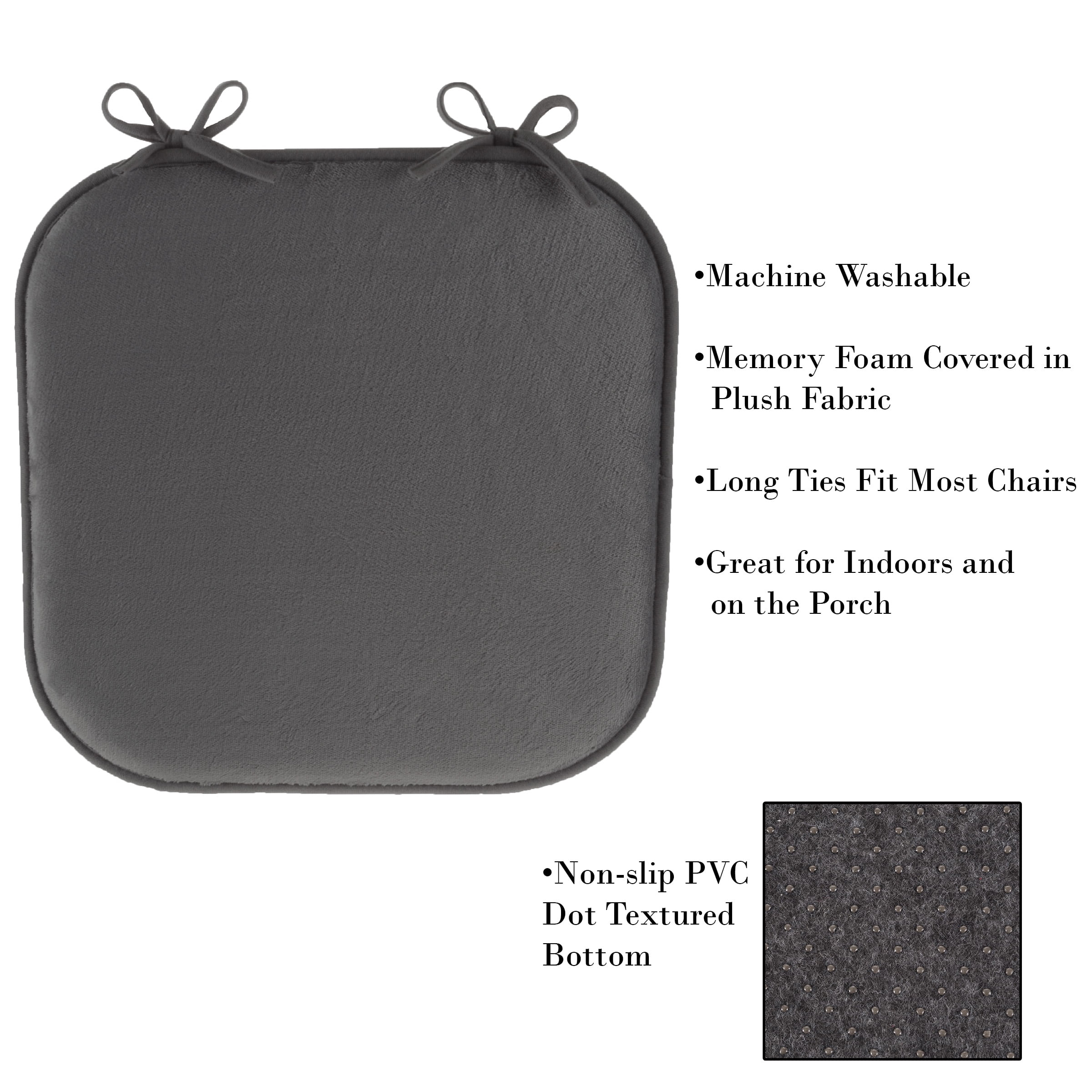 Memory Foam Chair Cushion-Square 16Â”x16.25Â” Plush Chair Pad with Ties and PVC Dot Backing for Kitchen, Dining Room, or Porch by Lavish Home (Charcoal)