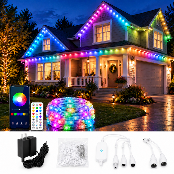 INSMETA Permanent Outdoor Lights,100FT 60 LED Rgbic Waterproof String Light,Bluetooth App&Remote,IP67 DC24V for Roof,Patio,Party,Holiday Decor