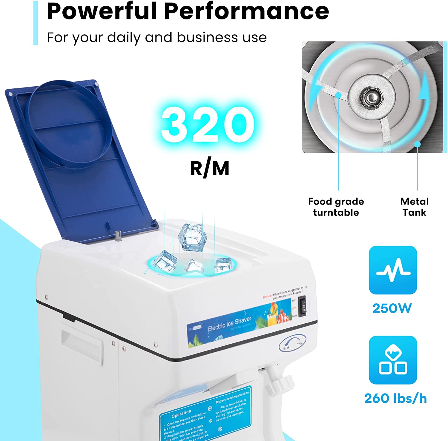 SPECSTAR Electric Ice Crusher Shaver, Snow Cone Maker Machine 265lbs/hr for Home and Commercial Use Blue