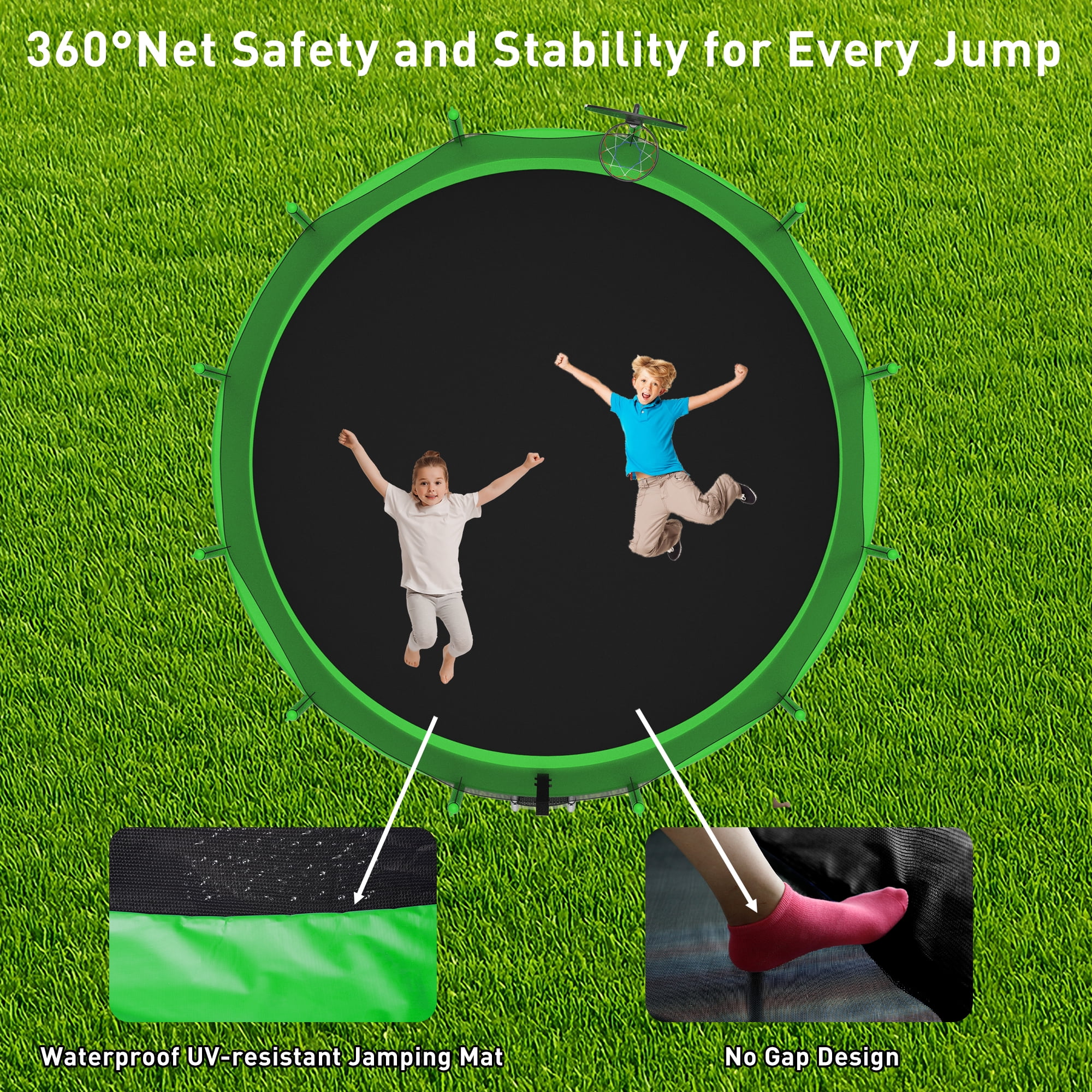 XMIKA 12FT Trampoline with Enclosure Net, 1200LBS Trampolines for Kids and Adults, Outdoor Trampoline with Basketball Hoop, Ladder, Lights and Sprinkler, Backyard Recreational Trampolines, Green