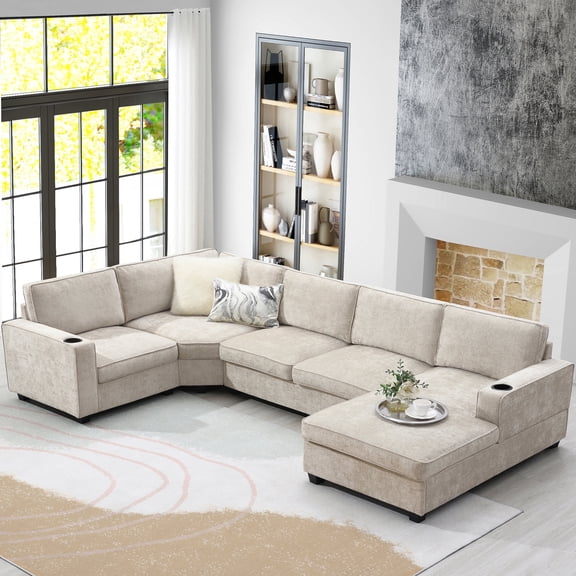 MODERNLUXE 117.5"6-Seat Oversized U Shaped Sectional Sofa, Chenille Thickened Sectional Couch Sofa Set with Solid Wood Legs and 2 Cup Holders for Living Room,Beige