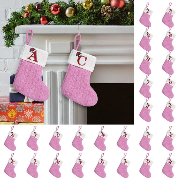 Christmas Stockings with Initials Pink Blue White Large Soft Embroidered Knit Christmas Stocking with Red Letter Hanging Velvet Stocking Gift Bag for Christmas Family Fireplace Party Decor