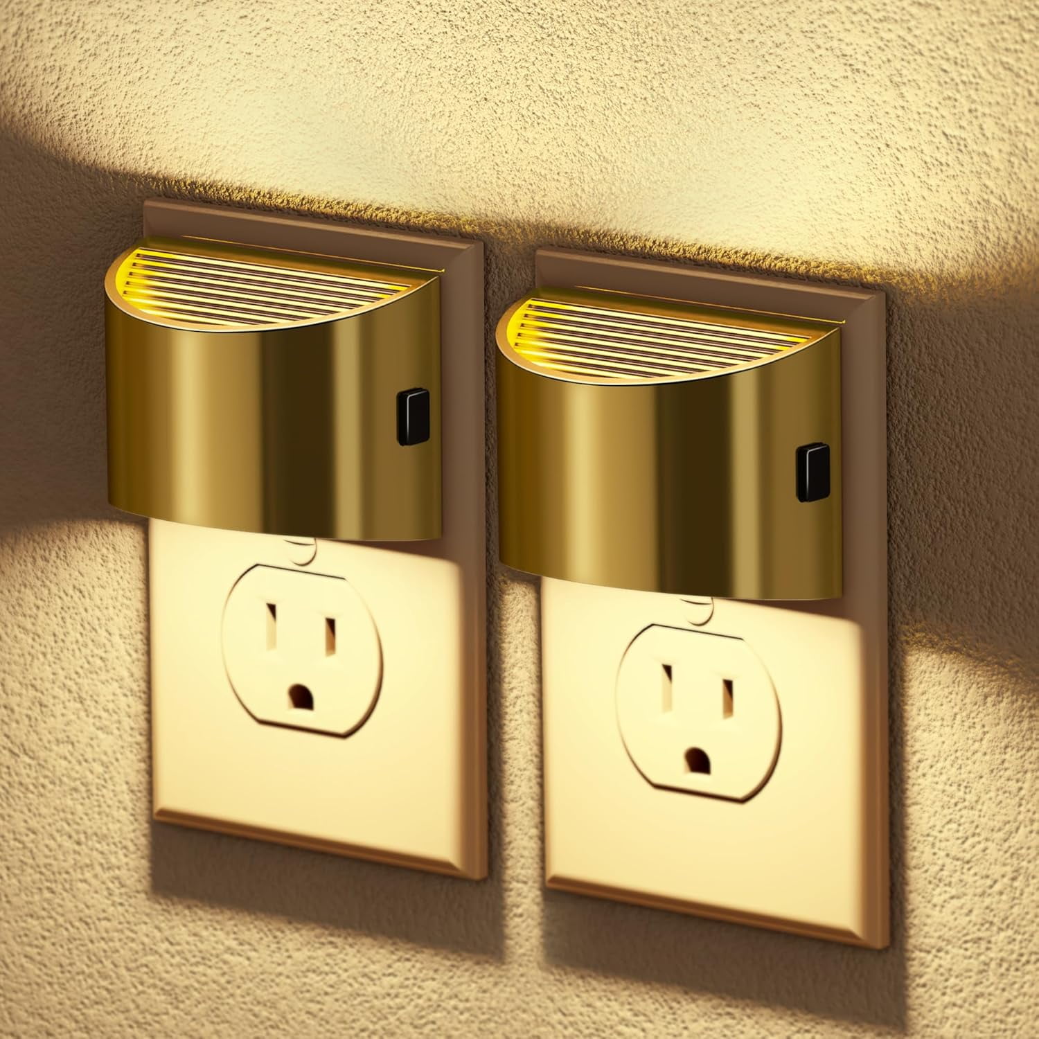 RGHJAR-LED Night Lights Plug into Wall, 2 Pack Gold Modern Night Lights, Dusk to Dawn Sensor Nightlight,0-100LM Brightness Adjustable, 3000K Soft White