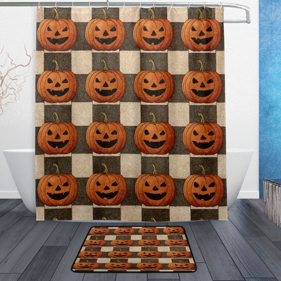 TTYFWHD 60" x 72" Shower Curtain and Bath Mat Set Striped Wicked Pumpkins Waterproof Bathroom Curtain with 12 Hooks, Bathroom Decor Set