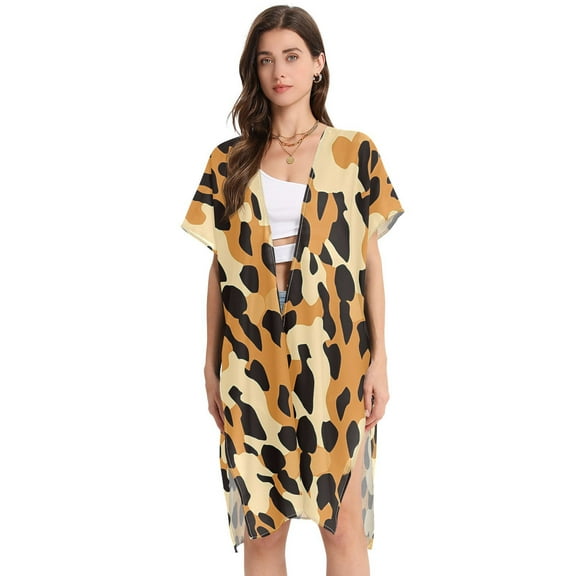 Leopard Print Women Swimsuit Cover up V Neck Beach Dress Short Sleeve Vacation Outfits Swimwear