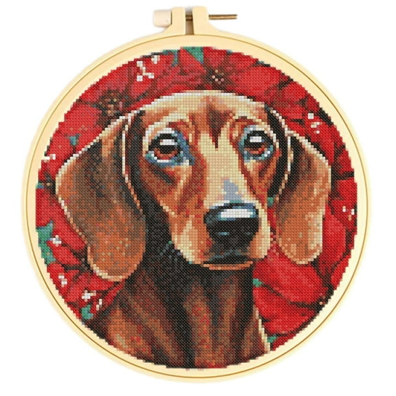 Easy Cross Stitch Kits for Starter Kits Dachshund & Flowers DIY 11CT Pre-printed Patterns Embroidery Needlepoint Cross Stitching Needlework Kit Set Supplies with Hoop 38x38cm