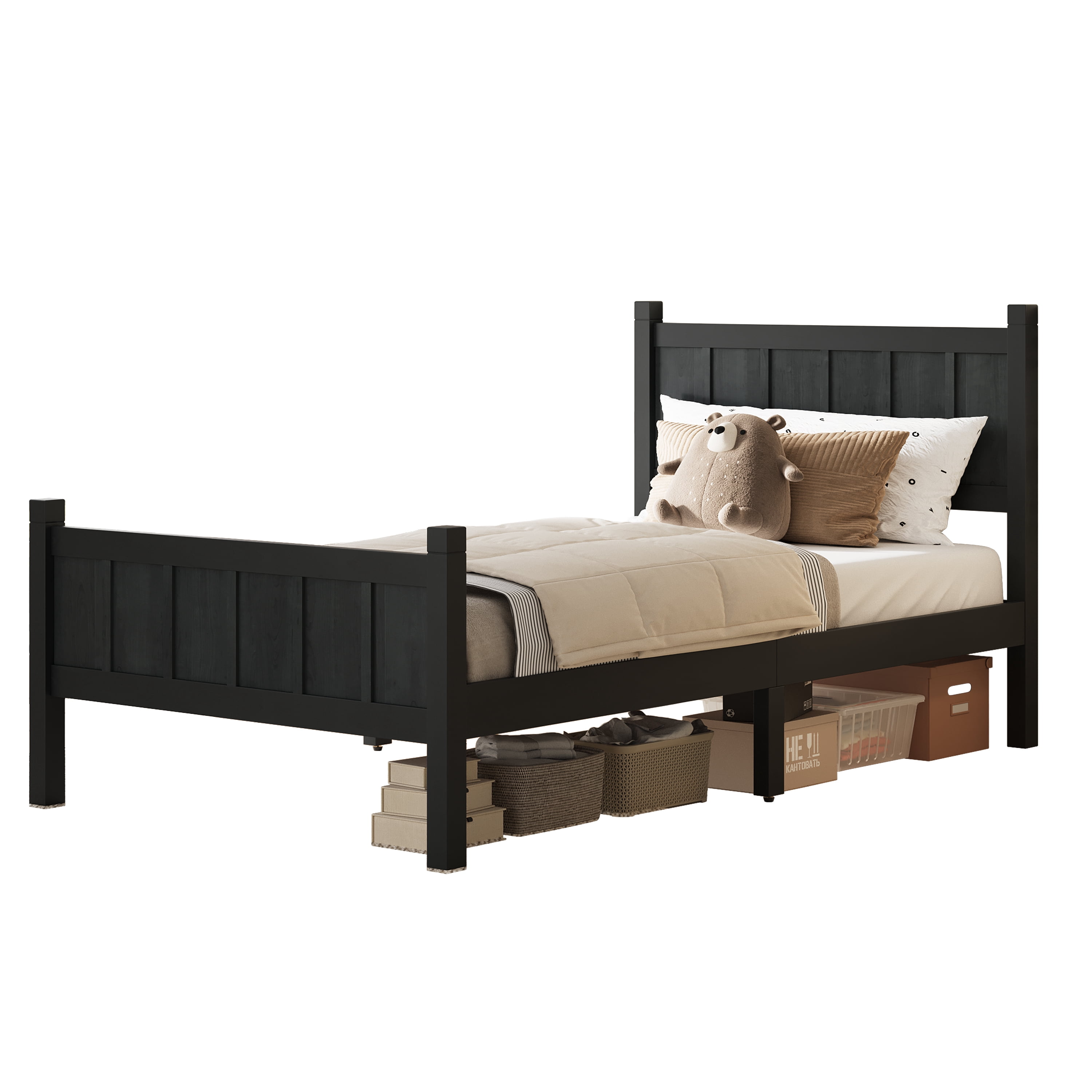 Euroco Wood Twin Size Platform Bed with Headboard and Footboard, Black