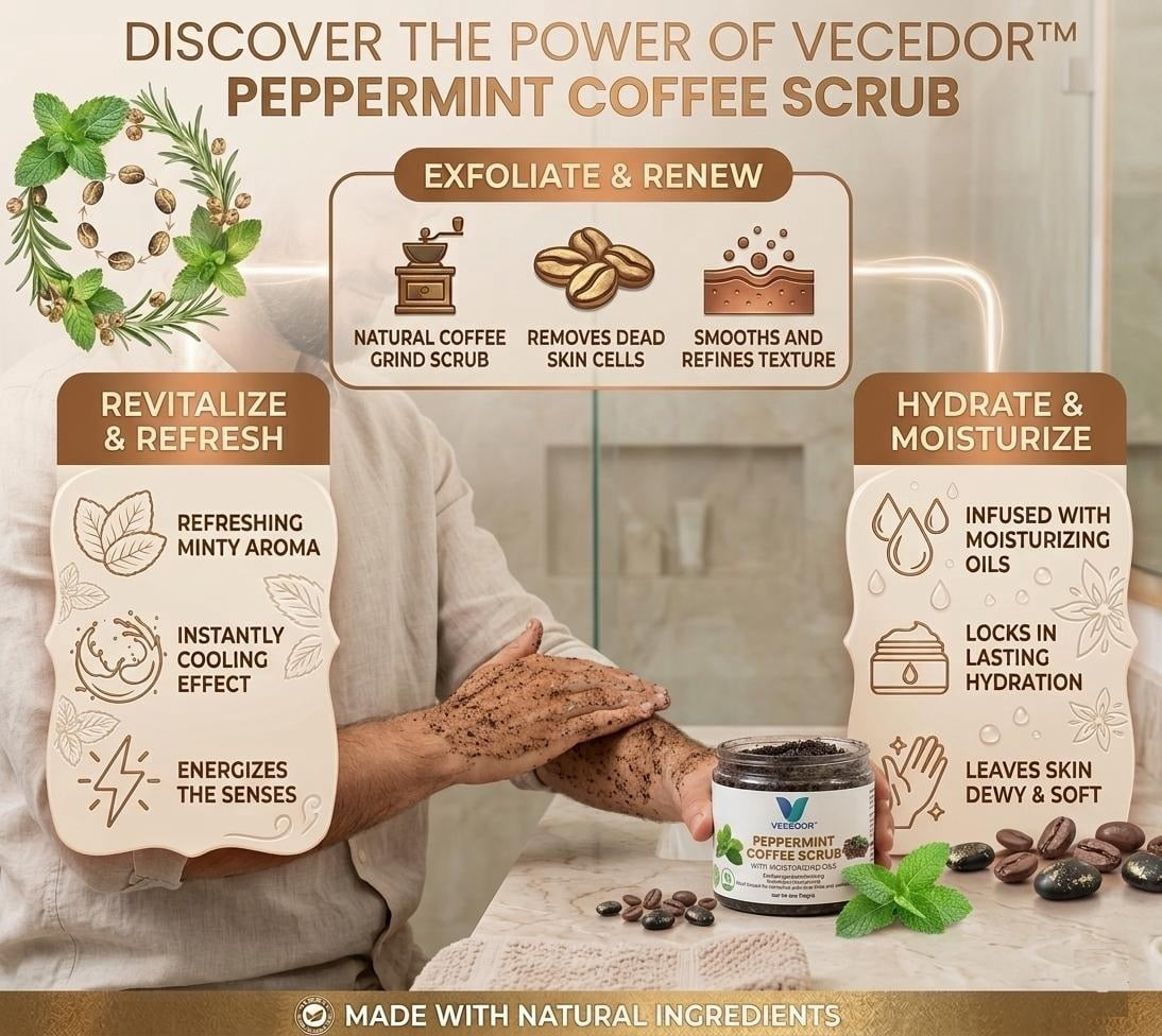 VECEDOR Peppermint Coffee Scrub – Exfoliating Body  Face Scrub for Smooth, Glowing Skin – Natural Moisturizing  Cellulite Care, 4oz