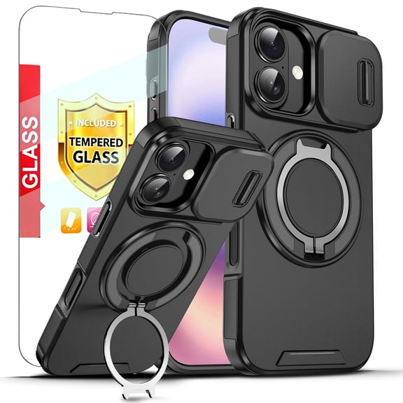 Kryonix for iPhone 17 6.3'' Case with Screen Protector,Includes a Sliding Camera Cover,360° Magnetic Rotated Ring Kickstand,Military Grade Shockproof Protective Cover,Black
