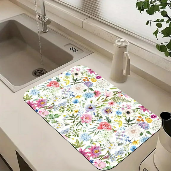 Colorful Flower Dish Drying Mats for Kitchen Counter Absorbent Fast Dry Dish Drainer Rack Mats for Dishes Utensils Pot and Pan, Kitchen Accessories 20"x12"