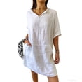 thumbnail image 2 of Women's Linen Casual Knee Length Tunic Dress V Neck Short Sleeve Loose Fit Shift Dress with Pockets Lightweight Breathable Summer Daily Wear Minimalist Comfortable Apparel, 2 of 6