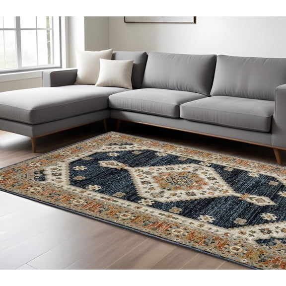 10' X 13' Blue And Orange Medallion Area Rug
